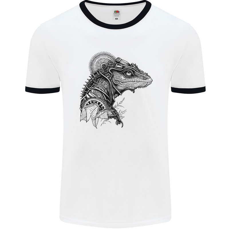 A Steampunk Iguana Lizard Reptiles Mens Ringer T-Shirt White/Black