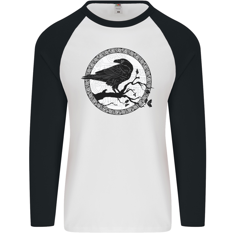 Viking Crow Celtic Norse Valhalla Odin Thor Mens L/S Baseball T-Shirt White/Black