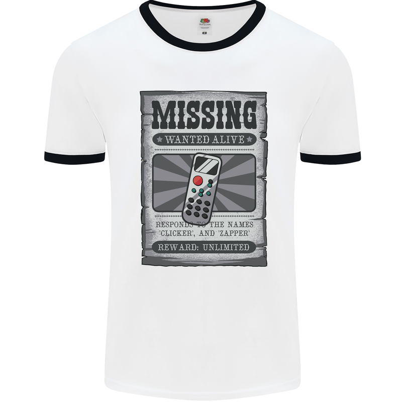 Wanted Remote Control Funny TV Lost Misplaced Mens Ringer T-Shirt White/Black