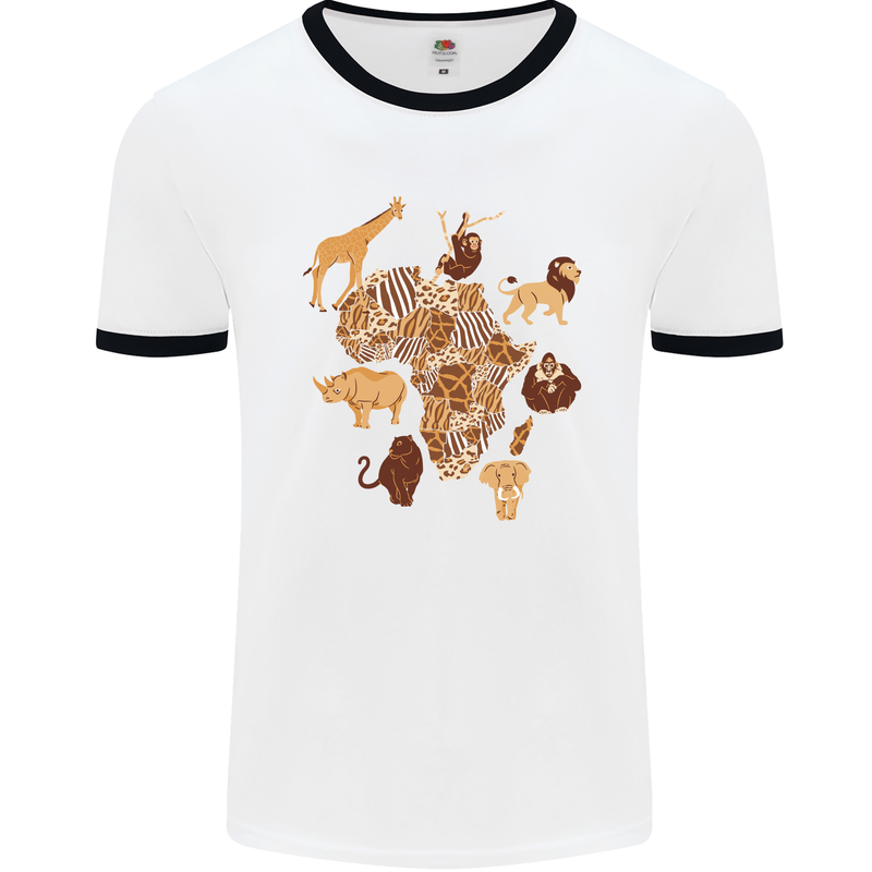 Africa Wildlife Map Giraffe Rhino Ape Elephant Lion Mens Ringer T-Shirt White/Black