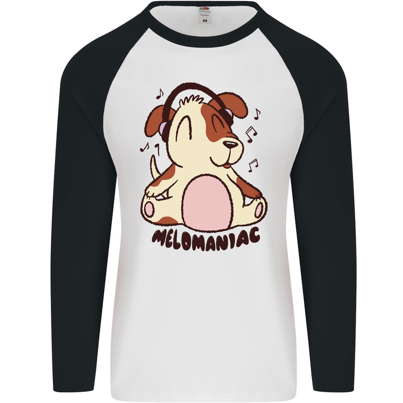 Melomaniac Dog Yoga Meditation Funny Mens L/S Baseball T-Shirt White/Black