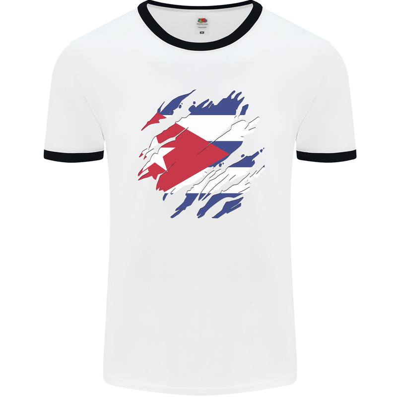 Torn Cuba Flag Cuban Day Football Mens Ringer T-Shirt White/Black