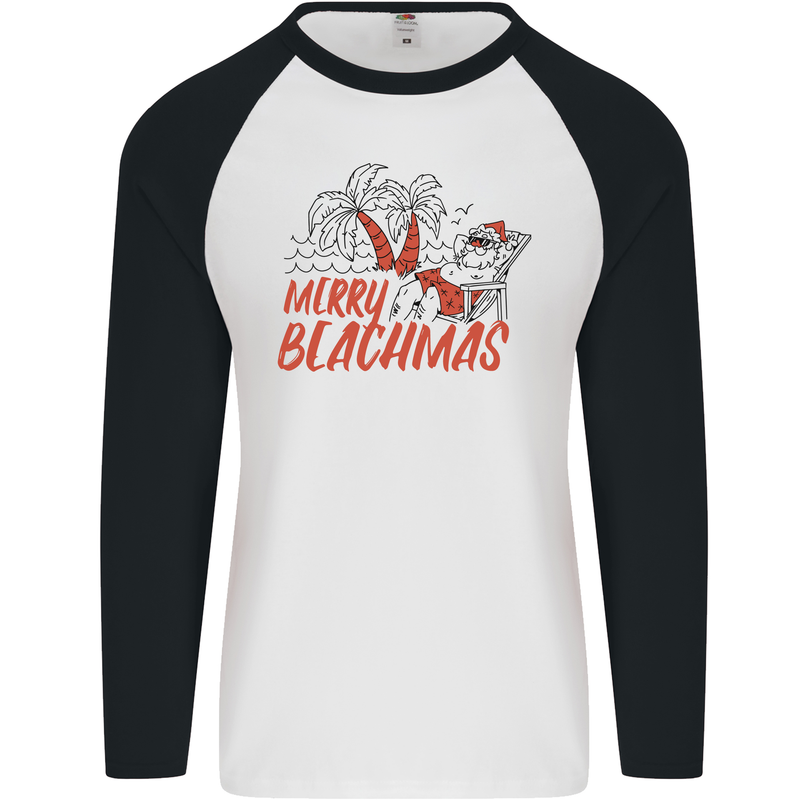 Merry Beachmas Funny Summer Santa Claus Mens L/S Baseball T-Shirt White/Black