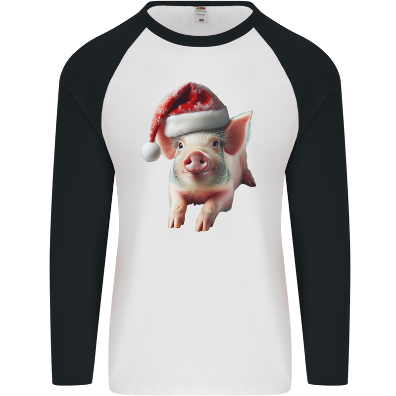 Christmas Pig Wearing Xmas Hats Piglets Mens L/S Baseball T-Shirt White/Black