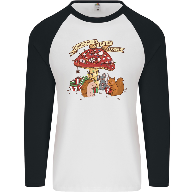 Christmas Hedgehog Toadstool Mouse Mens L/S Baseball T-Shirt White/Black