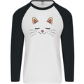 Cute Cat Face Mens L/S Baseball T-Shirt White/Black