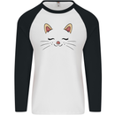 Cute Cat Face Mens L/S Baseball T-Shirt White/Black