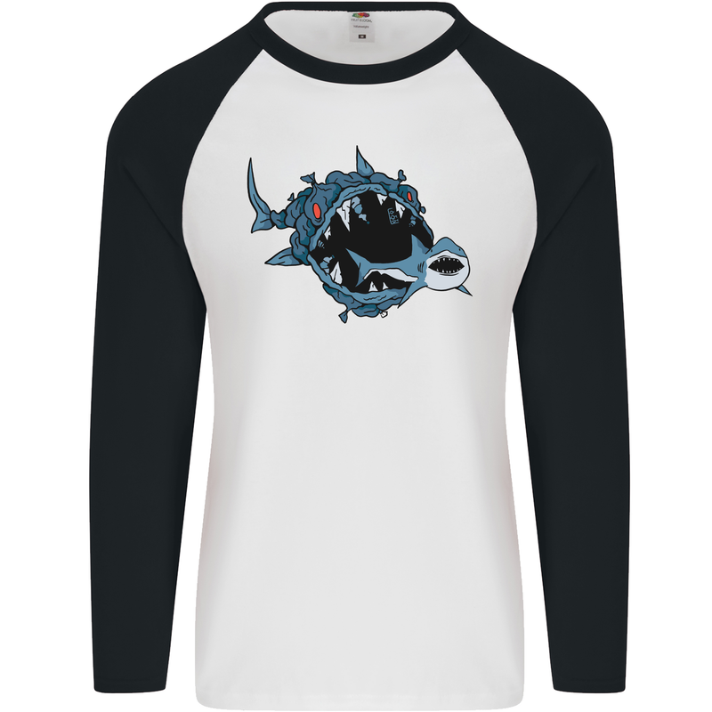 Pollution Great White Shark Climate Change Mens L/S Baseball T-Shirt White/Black