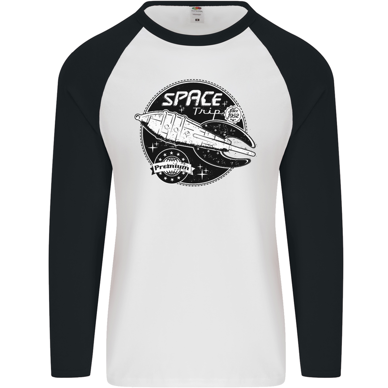 Space Trip Rocket Ship Astronaut Mens L/S Baseball T-Shirt White/Black