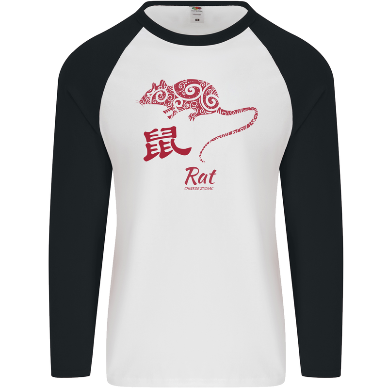 Chinese Zodiac Shengxiao Year of the Rat Mens L/S Baseball T-Shirt White/Black