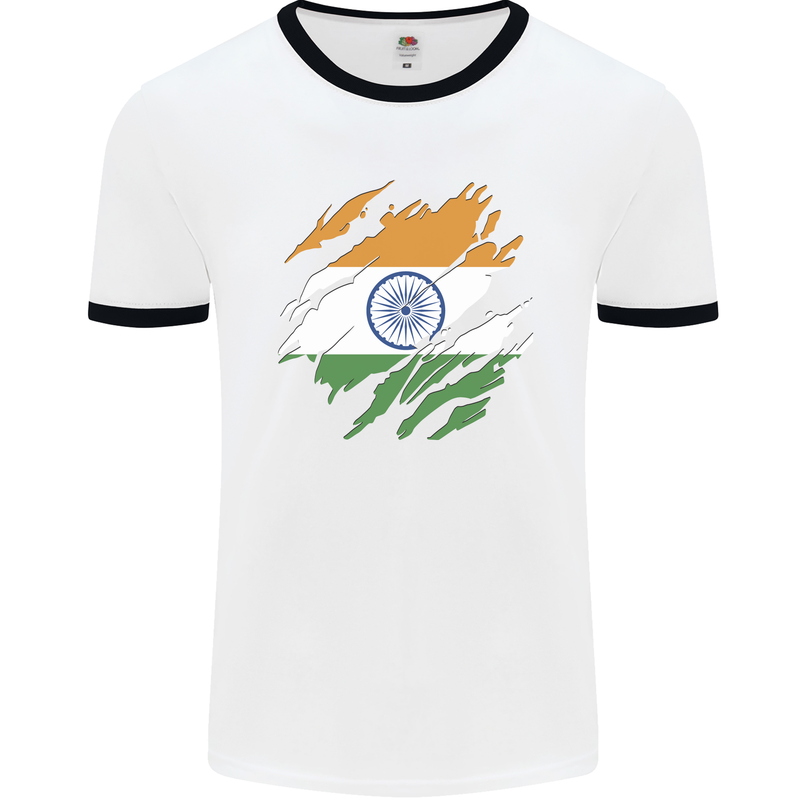 Torn India Flag Indian Day Football Mens Ringer T-Shirt White/Black