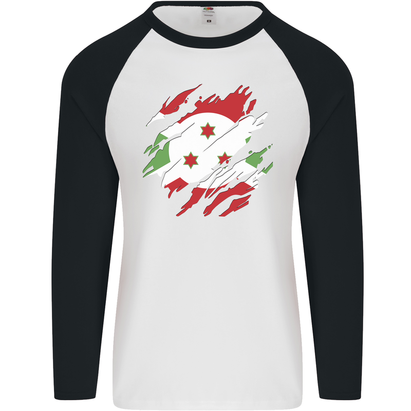 Torn Burundi Flag Burundians Day Football Mens L/S Baseball T-Shirt White/Black