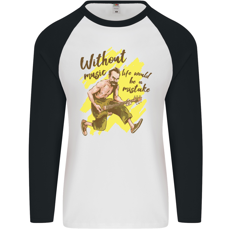 Without Music Life Would Be a Mistake Guitar Mens L/S Baseball T-Shirt White/Black