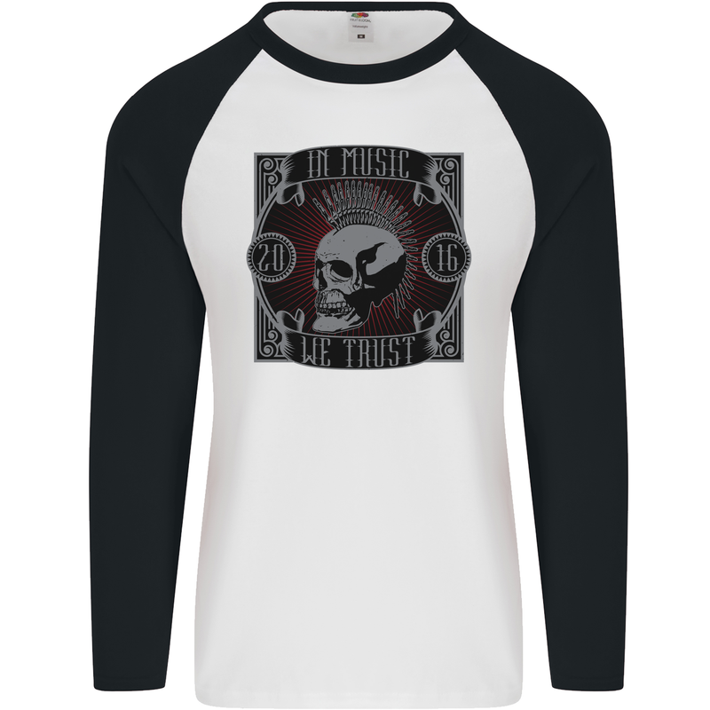 In Music We Trust Punk Rock Skull Mens L/S Baseball T-Shirt White/Black