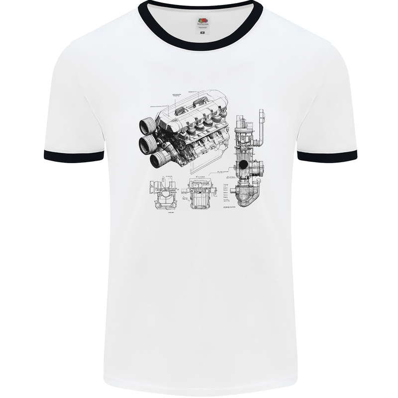 Car Engine Blueprints Petrolhead Mens Ringer T-Shirt White/Black