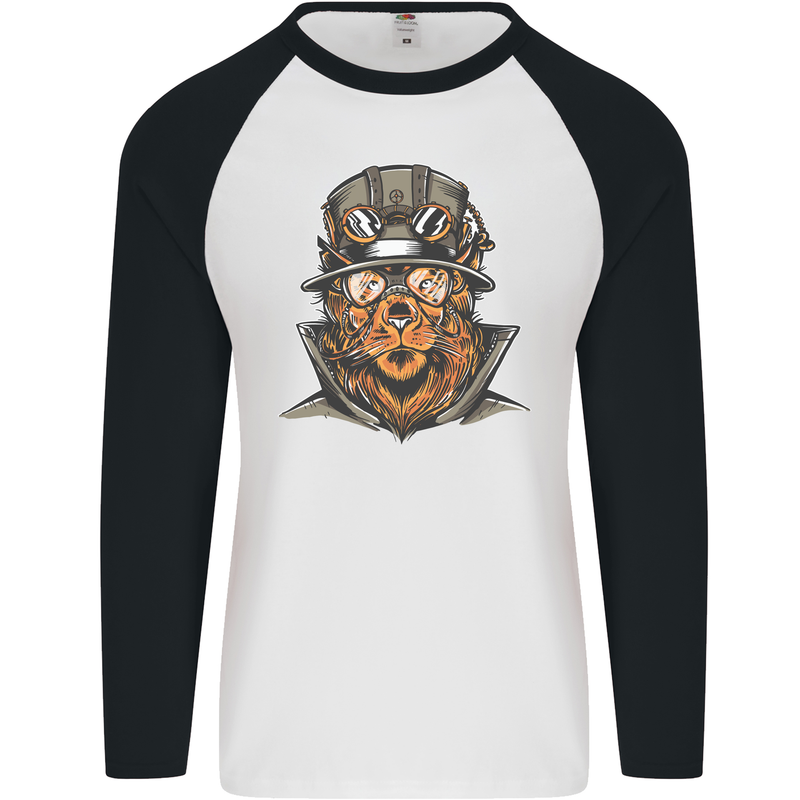 Steampunk Lion Mens L/S Baseball T-Shirt White/Black