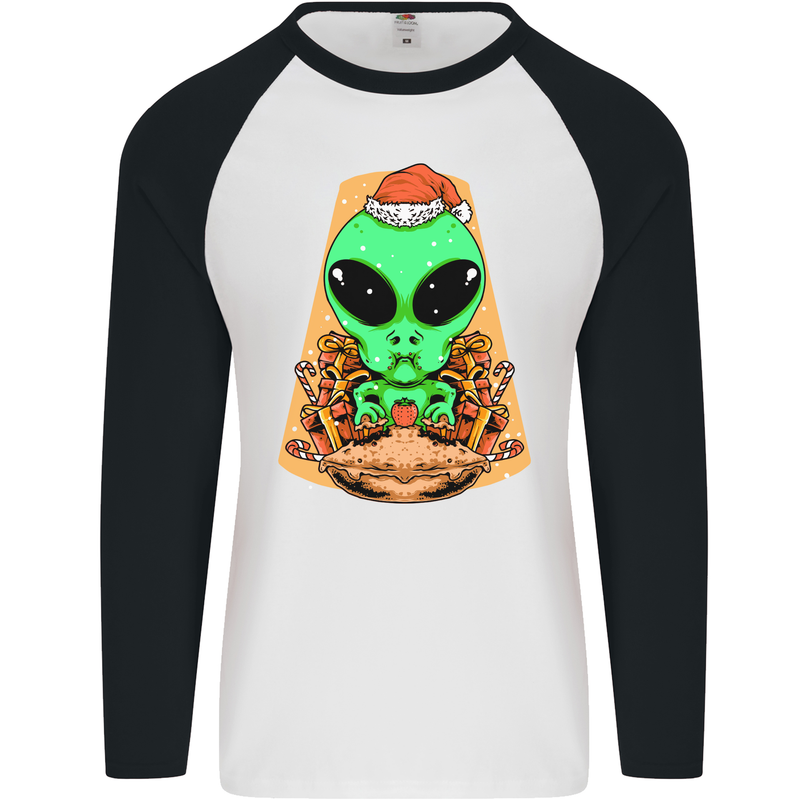Christmas Alien UFO Santa Space Ship Funny Mens L/S Baseball T-Shirt White/Black