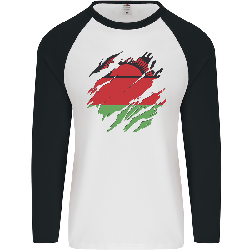 Torn Malawi Flag Malawian Day Football Mens L/S Baseball T-Shirt White/Black