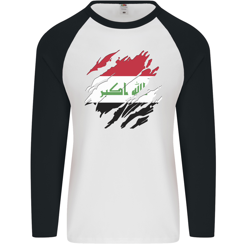 Torn Iraq Flag Iraqi Day Football Mens L/S Baseball T-Shirt White/Black