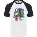 Santa Peeing on a Christmas Tree Xmas Funny Mens S/S Baseball T-Shirt White/Black