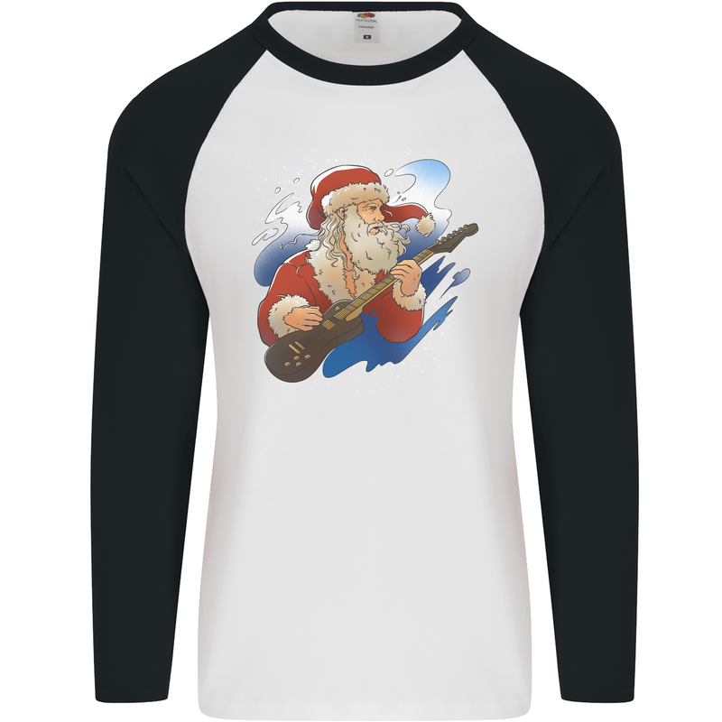 Guitar Santa Funny Christmas Rock n Roll Mens L/S Baseball T-Shirt White/Black