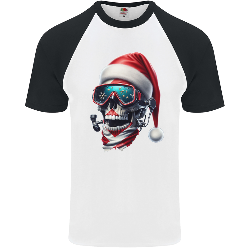 Christmas Scuba Diving Skull Xmas Hat Mens S/S Baseball T-Shirt White/Black