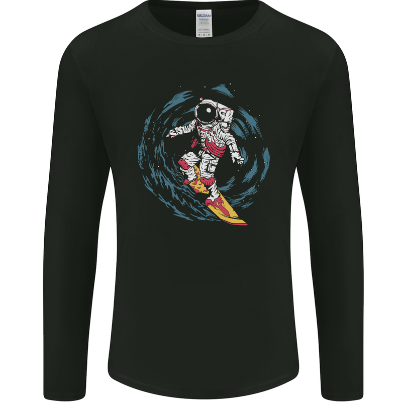Black Hole Surfer Astronaut Space Surfing Mens Long Sleeve T-Shirt Black