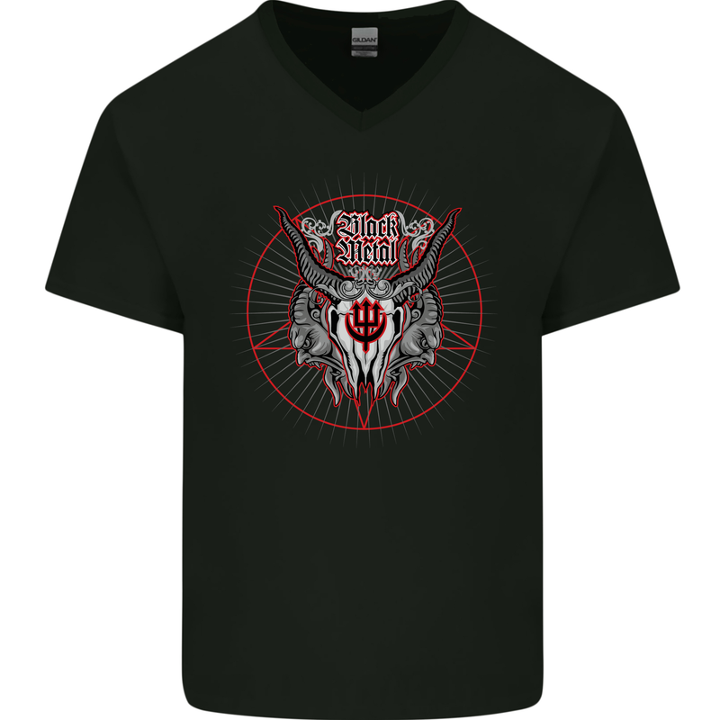 Black Metal Demonic Skull Heavy Metal Mens V-Neck Cotton T-Shirt Black