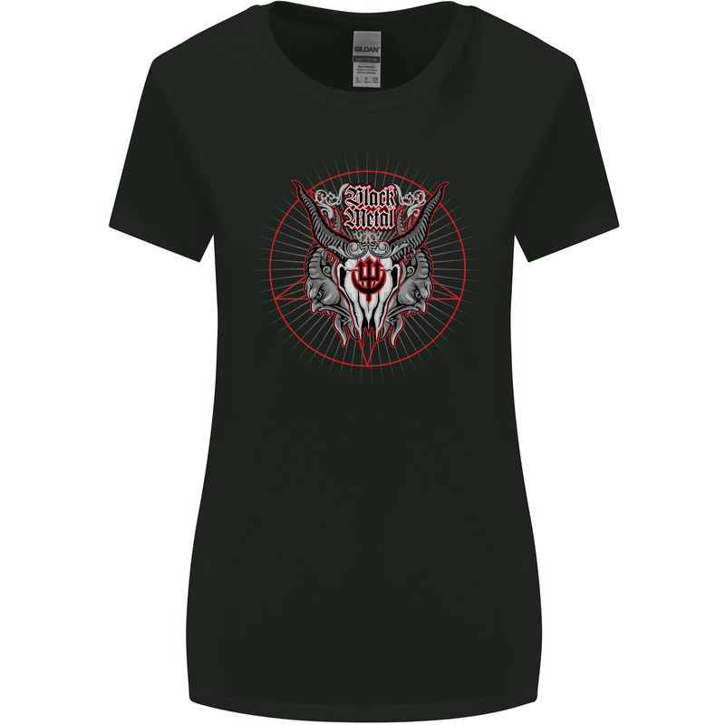 Black Metal Demonic Skull Heavy Metal Womens Wider Cut T-Shirt Black