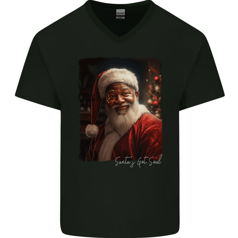 Black Santa's Got Soul Christmas Xmas Mens V-Neck Cotton T-Shirt Black