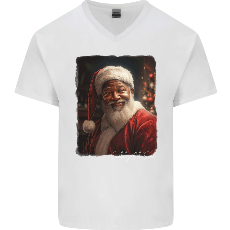 Black Santa's Got Soul Christmas Xmas Mens V-Neck Cotton T-Shirt White