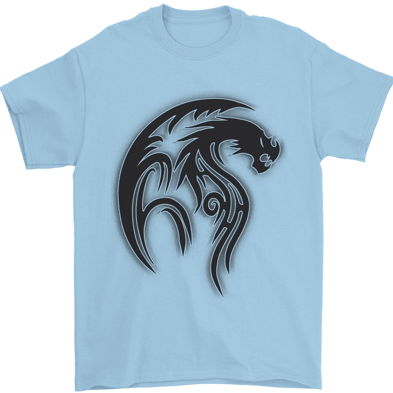 Black Tribal Tattoo Style Dragon Mens T-Shirt 100% Cotton Light Blue