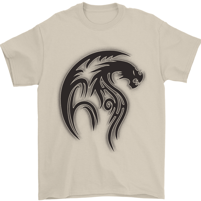 Black Tribal Tattoo Style Dragon Mens T-Shirt 100% Cotton Sand