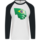 Curled Brazil Flag Brazilian Day Football Mens L/S Baseball T-Shirt White/Black