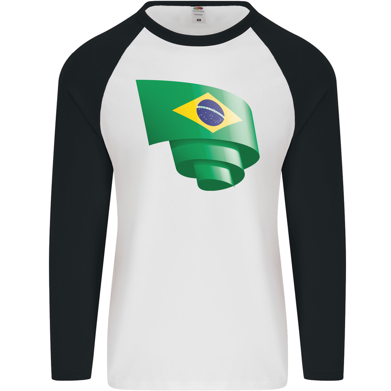 Curled Brazil Flag Brazilian Day Football Mens L/S Baseball T-Shirt White/Black