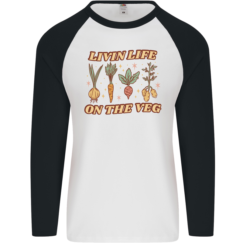 Vegan Living Life on the Veg Vegetarian Mens L/S Baseball T-Shirt White/Black