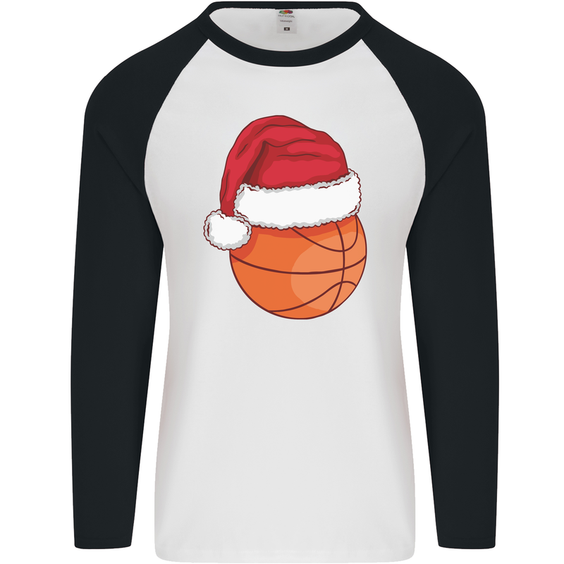 A Basketball Wearing a Christmas Hat Xmas Mens L/S Baseball T-Shirt White/Black