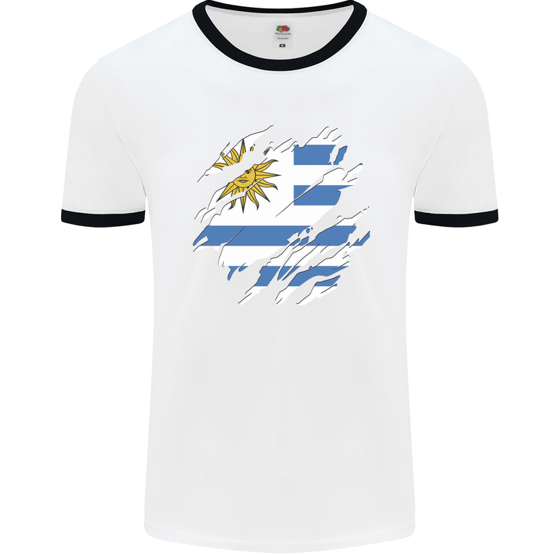 Torn Uruguay Flag Uruguayan Day Football Mens Ringer T-Shirt White/Black