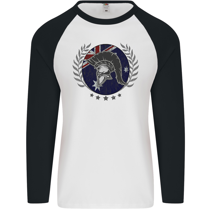 Australian Bodybuilding Flag Gym Training Spartan Mens L/S Baseball T-Shirt White/Black