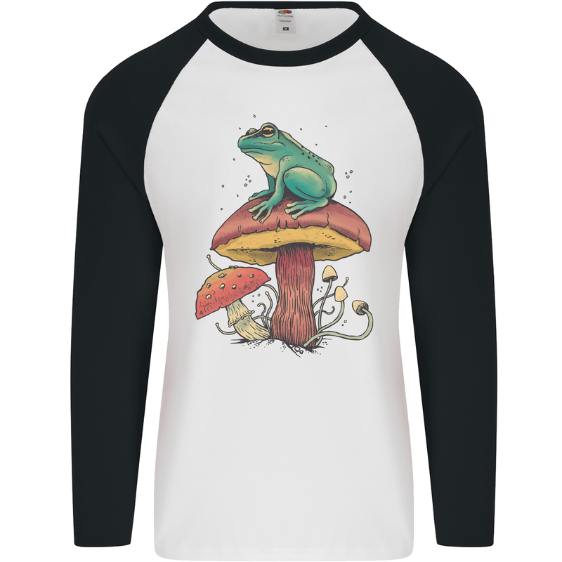 A Frog Sitting on a Mushroom Mens L/S Baseball T-Shirt White/Black