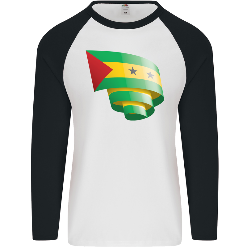Curled Sao Tome and Principe Flag Day Football Mens L/S Baseball T-Shirt White/Black