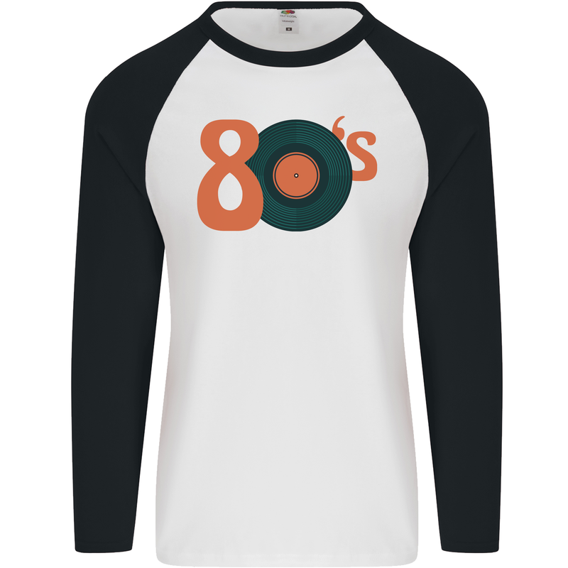 80s Music Vinyl Record Decks Turntable Mens L/S Baseball T-Shirt White/Black