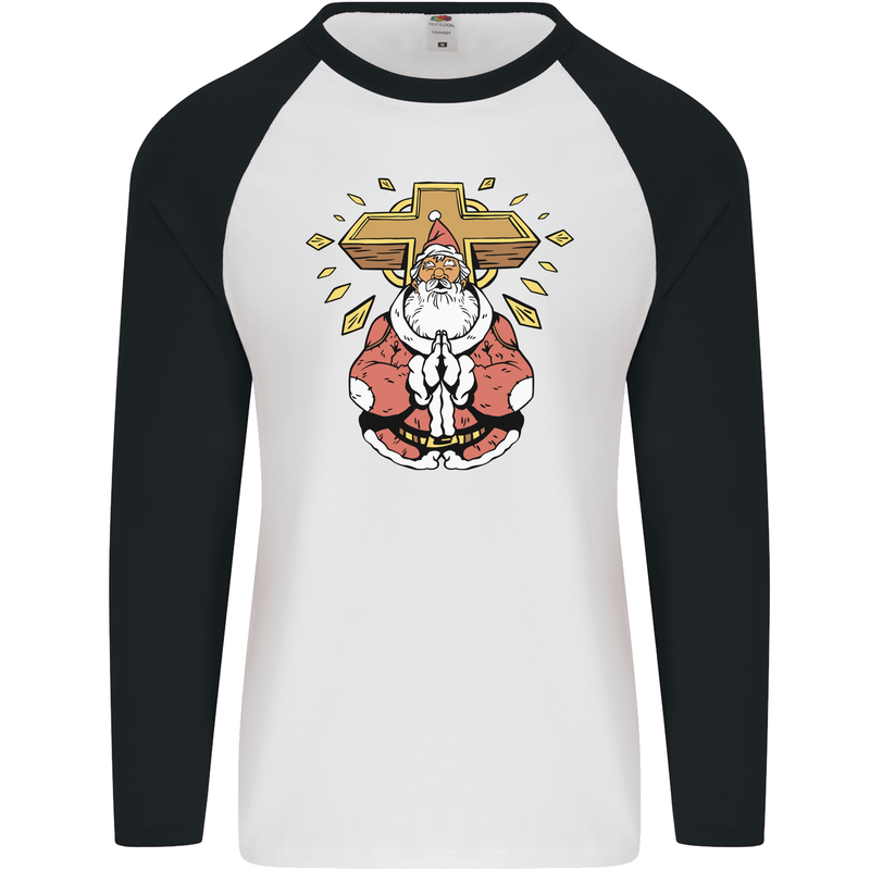 Christmas Praying Santa Christian Christianity God Mens L/S Baseball T-Shirt White/Black