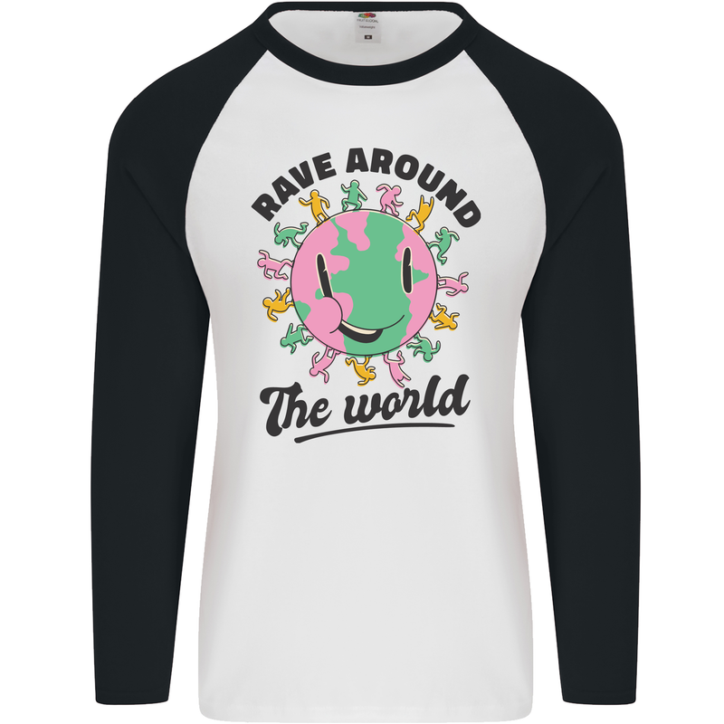 Rave Around the World Dance Music Acid Raver Mens L/S Baseball T-Shirt White/Black