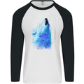 Watercolour Wolf Mens L/S Baseball T-Shirt White/Black