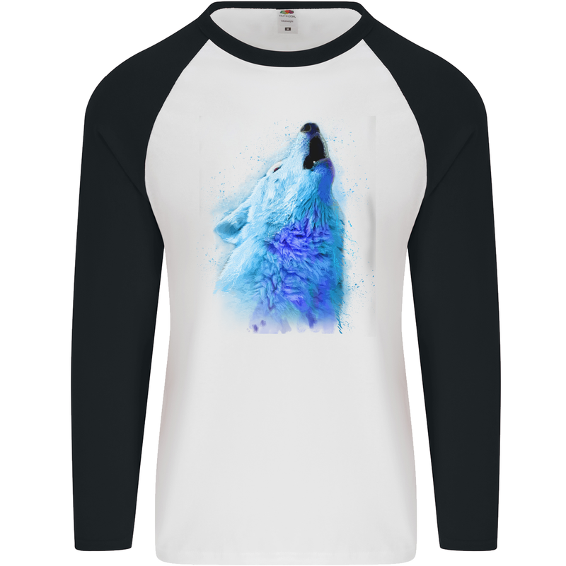 Watercolour Wolf Mens L/S Baseball T-Shirt White/Black