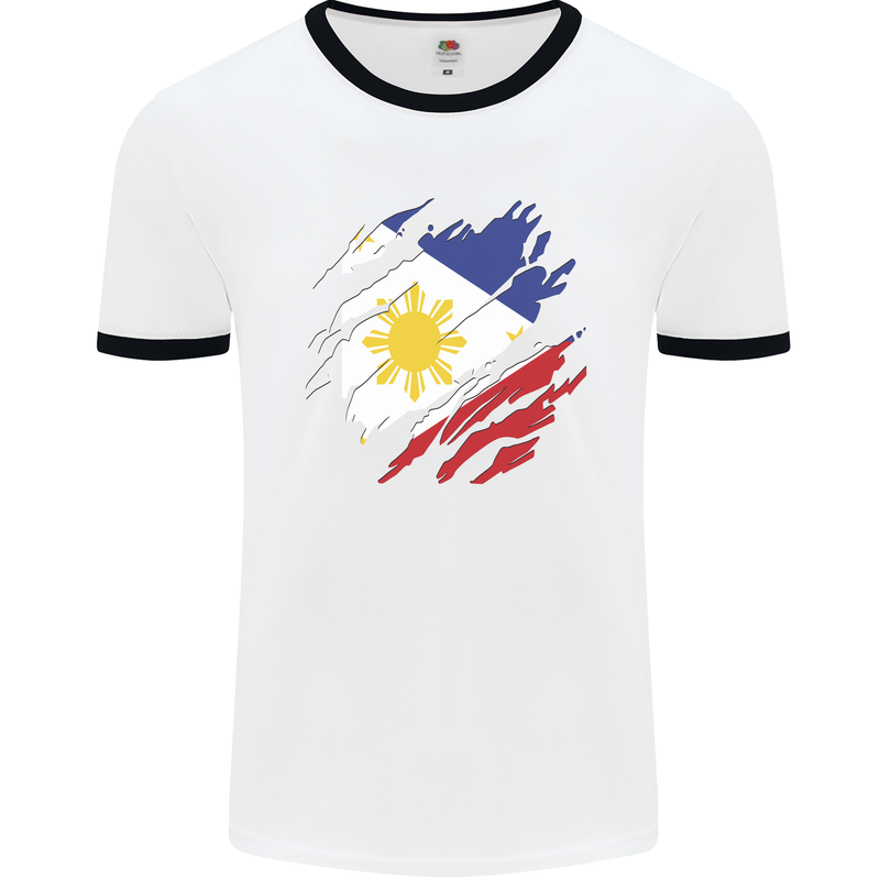 Torn Philippines Flag Philipino Day Football Mens Ringer T-Shirt White/Black