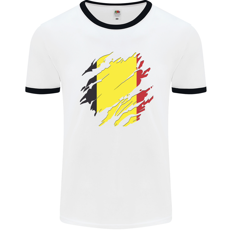 Torn Belgium Flag Belgian Day Football Mens Ringer T-Shirt White/Black