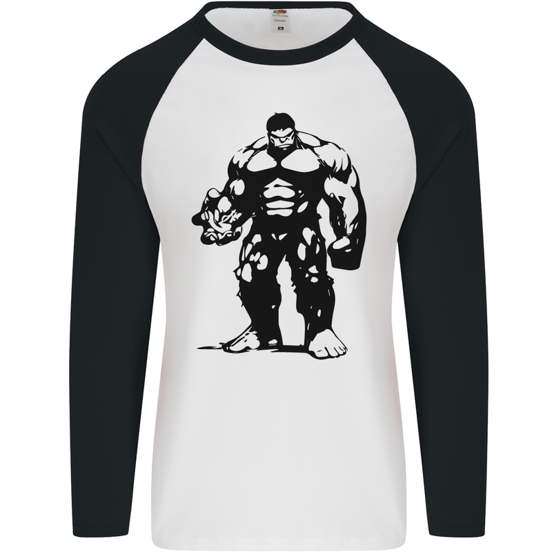 Muscle Man Gym Training Top Bodybuilding Mens L/S Baseball T-Shirt White/Black