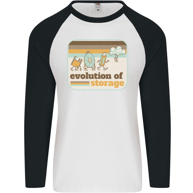 Storage Evolution Retro CD HD Drive USB Stick Mens L/S Baseball T-Shirt White/Black